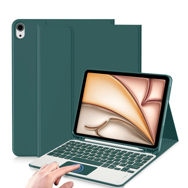 A dark green protective case with a keyboard is shown alongside an iPad Air tablet.