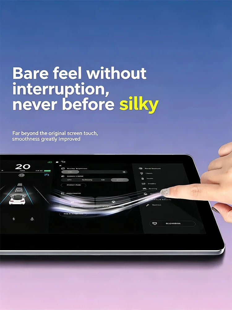 A hand is applying a silky film to a tablet screen, demonstrating smooth touch without interruption.