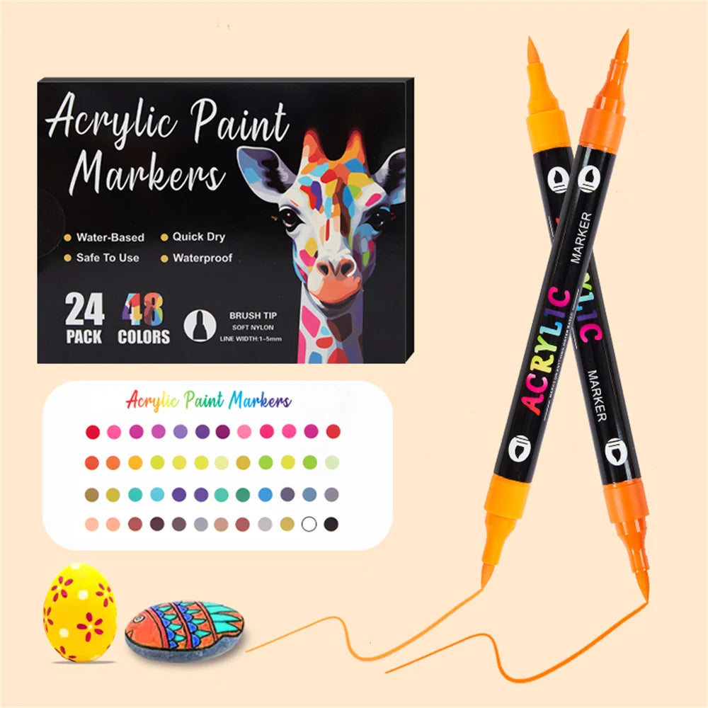 A set of dual-tip acrylic paint markers in various colors, including a yellow egg and a colorful sphere.