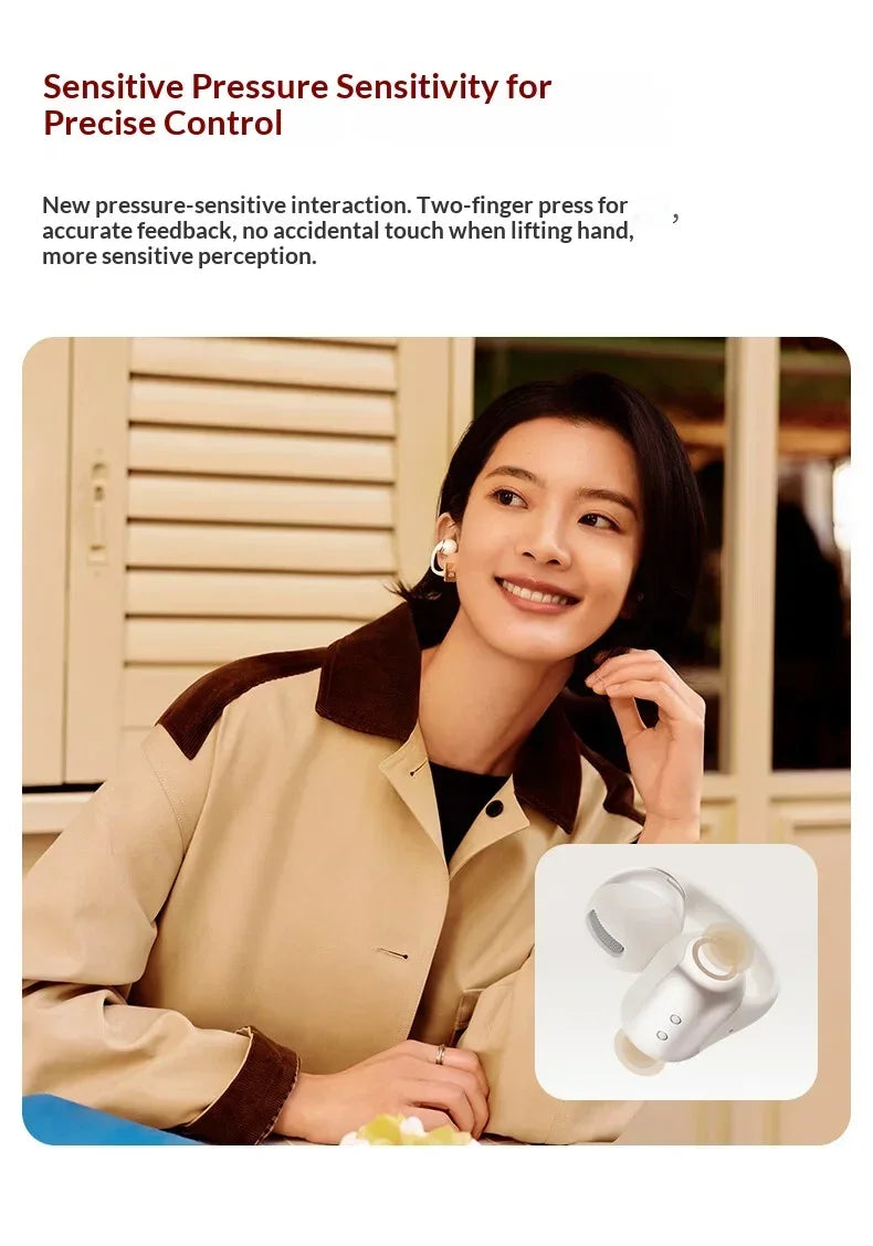 A woman wearing a beige jacket is shown next to a close-up of a white Bluetooth headphone product.