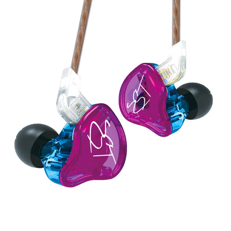 A pair of purple and blue wired headphones with clear plastic connectors hanging from a wooden cord.
