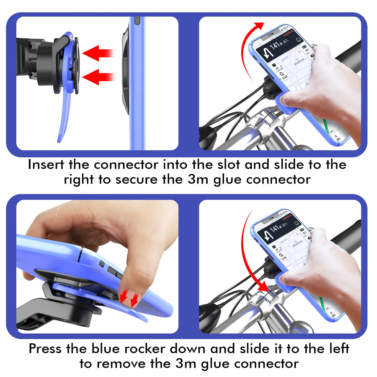 Instructions show how to insert and remove a 3m glue connector from a universal motorcycle phone mount.