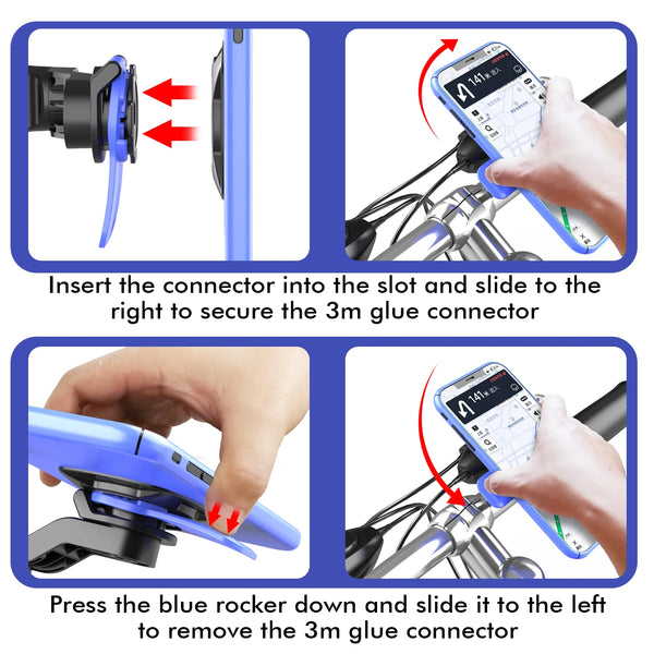Instructions show how to insert and remove a 3m glue connector from a universal motorcycle phone mount.