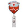 Detailliger Glitzer-Acryl-ID-Kartenclip in Herzform mit weißem medizinisches Kreuz und EKG-Linie.