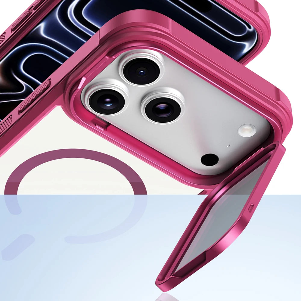 A pink magnetic shockproof iPhone case showing the camera module and lens protection features.