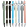 A row of ten metal stylus pens in various colors including green, black, light blue, and pink.