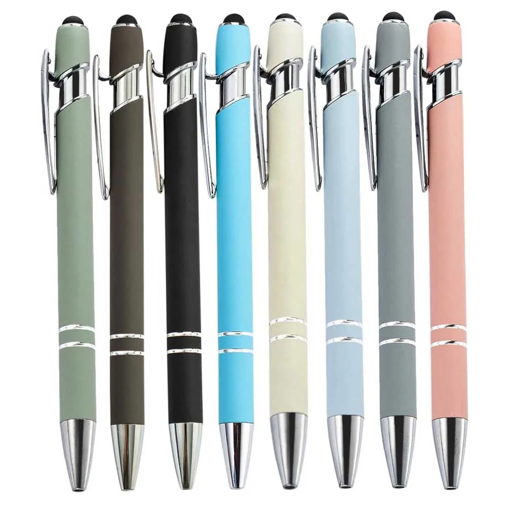 A row of ten metal stylus pens in various colors including green, black, light blue, and pink.