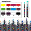 Un juego de 12 marcadores acrílicos vibrantes en varios colores, incluyendo amarillo, naranja, rojo, verde, azul y negro.