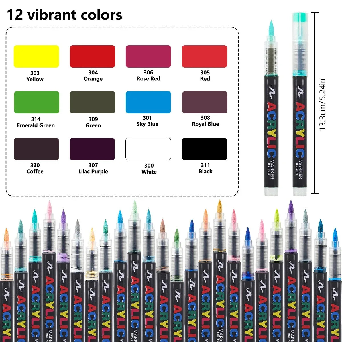Un juego de 12 marcadores acrílicos vibrantes en varios colores, incluyendo amarillo, naranja, rojo, verde, azul y negro.
