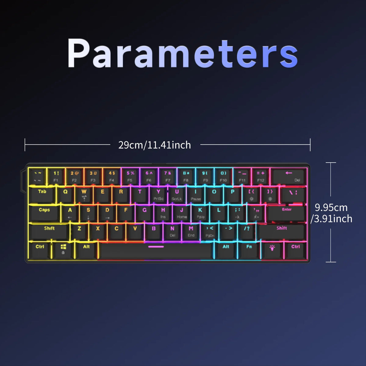 A close-up view of a mechanical RGB wired keyboard showing its layout and dimensions.