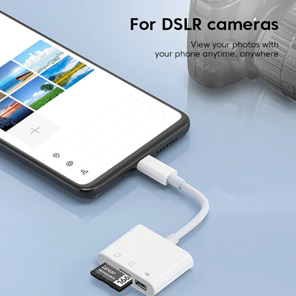 Adaptador lector Type-C a USB OTG para cámaras DSLR conectado a un smartphone.