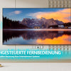 A black wireless gyro air mouse remote with voice control features is shown next to a large television displaying a scenic la