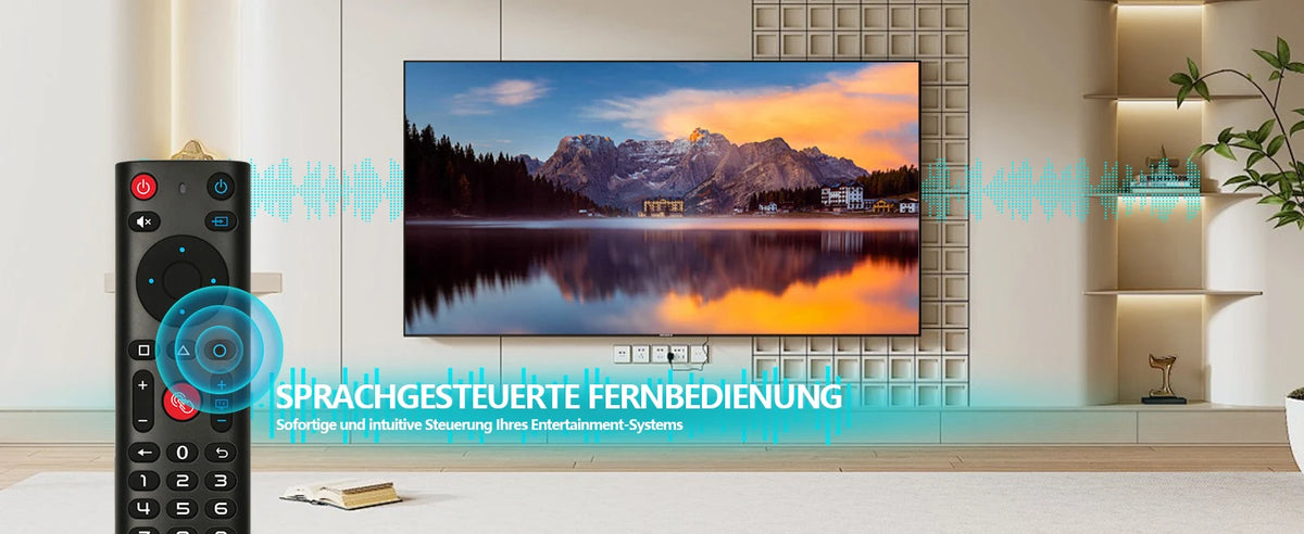 A black wireless gyro air mouse remote with voice control features is shown next to a large television displaying a scenic la