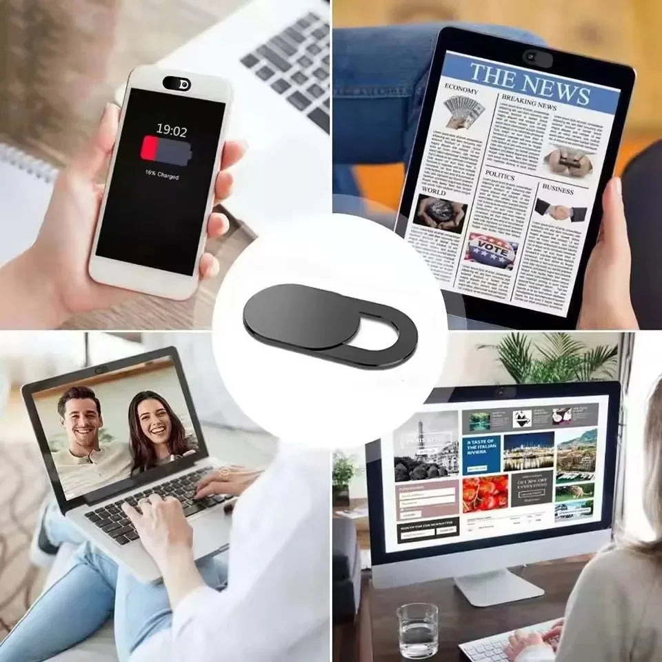 A hand holds a smartphone displaying news, next to a laptop screen showing news, with privacy sliders visible.
