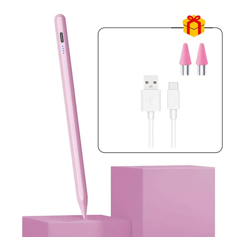 A pink universal active stylus pen is shown next to various tips and a pink stand.