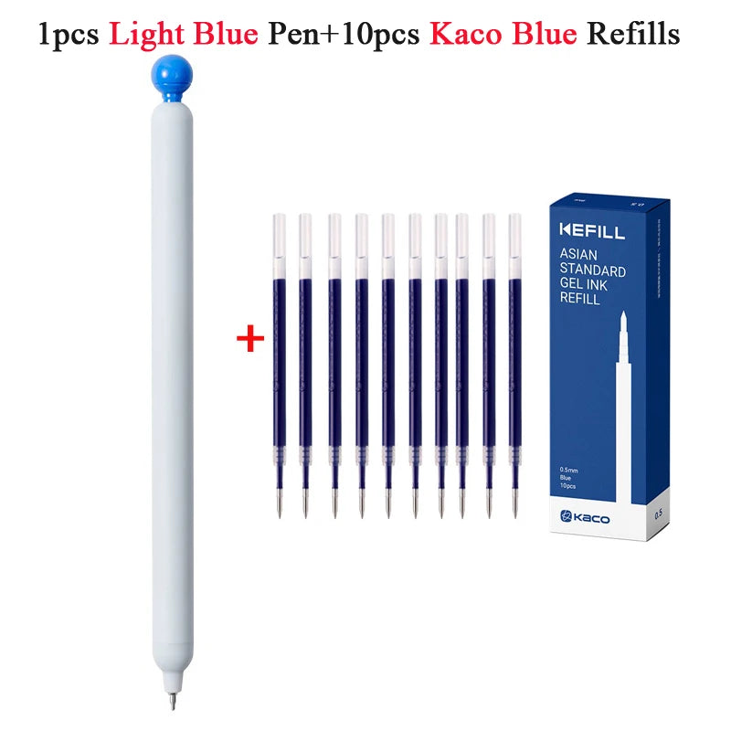 A set of 10 Kaco Blue refills and one light blue pen refill packaged in a box.