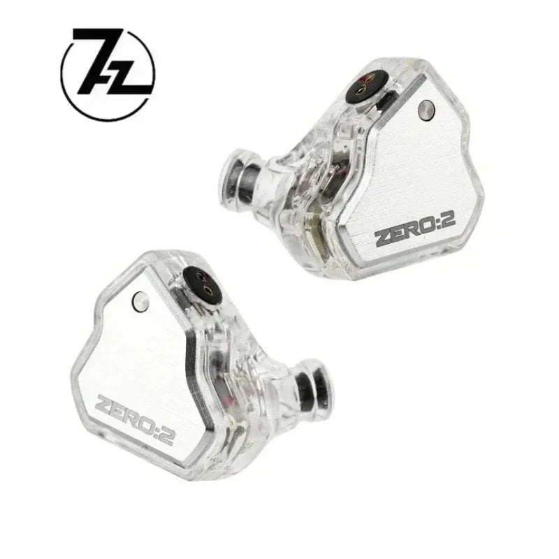 A pair of clear, studio-grade wired in-ear monitors labeled ZERO:2 are shown against a white background.