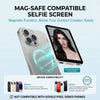 A close-up of a smartphone with a magnetic selfie screen attached, demonstrating its function for content creation.