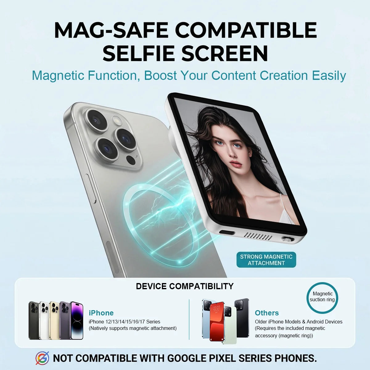 A close-up of a smartphone with a magnetic selfie screen attached, demonstrating its function for content creation.