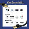 A black RJ45 Ethernet patch cable with a gold connector is shown next to various devices like PCs, consoles, and internet box