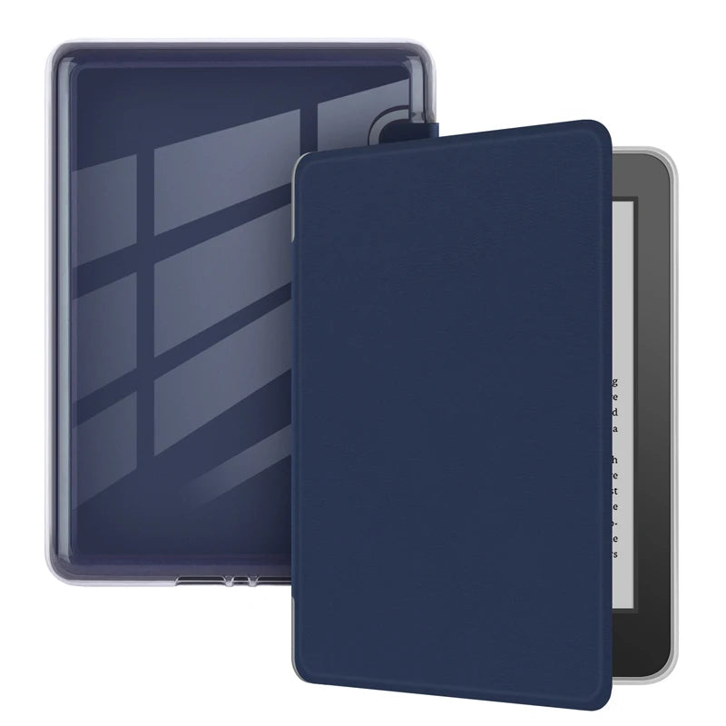 A dark blue silicone protective cover for a Kindle e-reader displayed next to its original case.