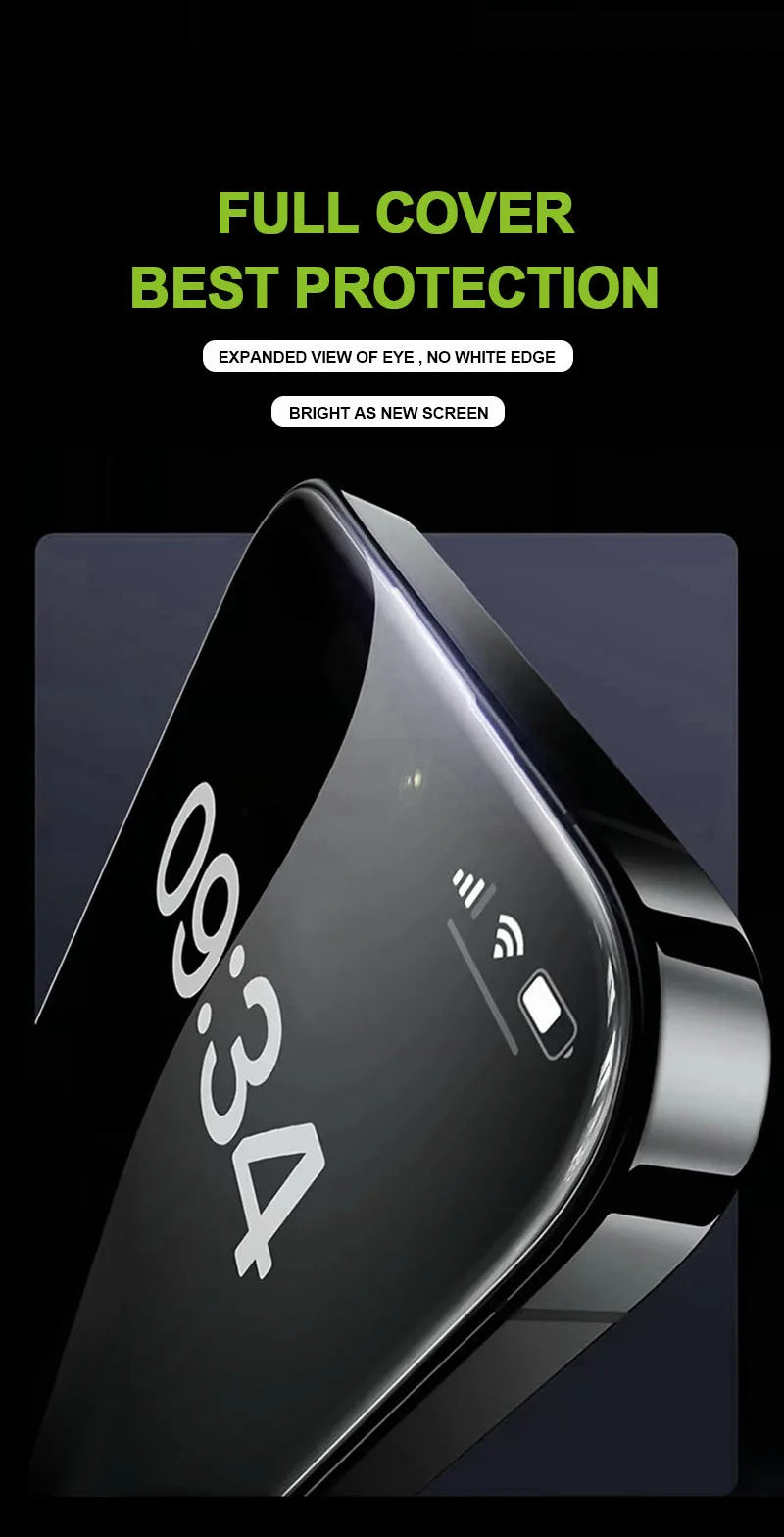 Vista de cerca de un protector de pantalla triple negro aplicado a un iPhone, mostrando la hora 09:34.