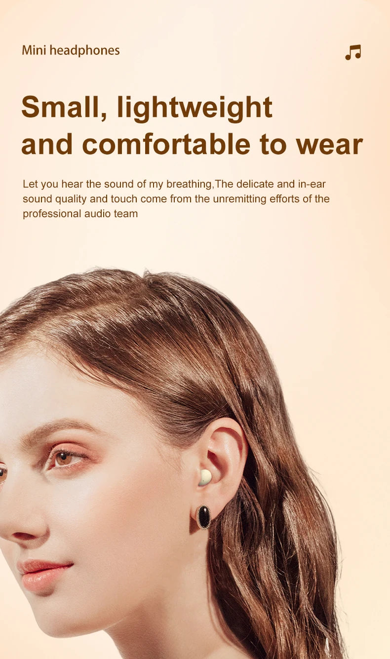 Close-up of a woman wearing small, light-weight mini headphones with a single earbud.