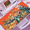 An anime-inspired gaming mouse pad featuring a dynamic illustration of characters in vibrant colors.