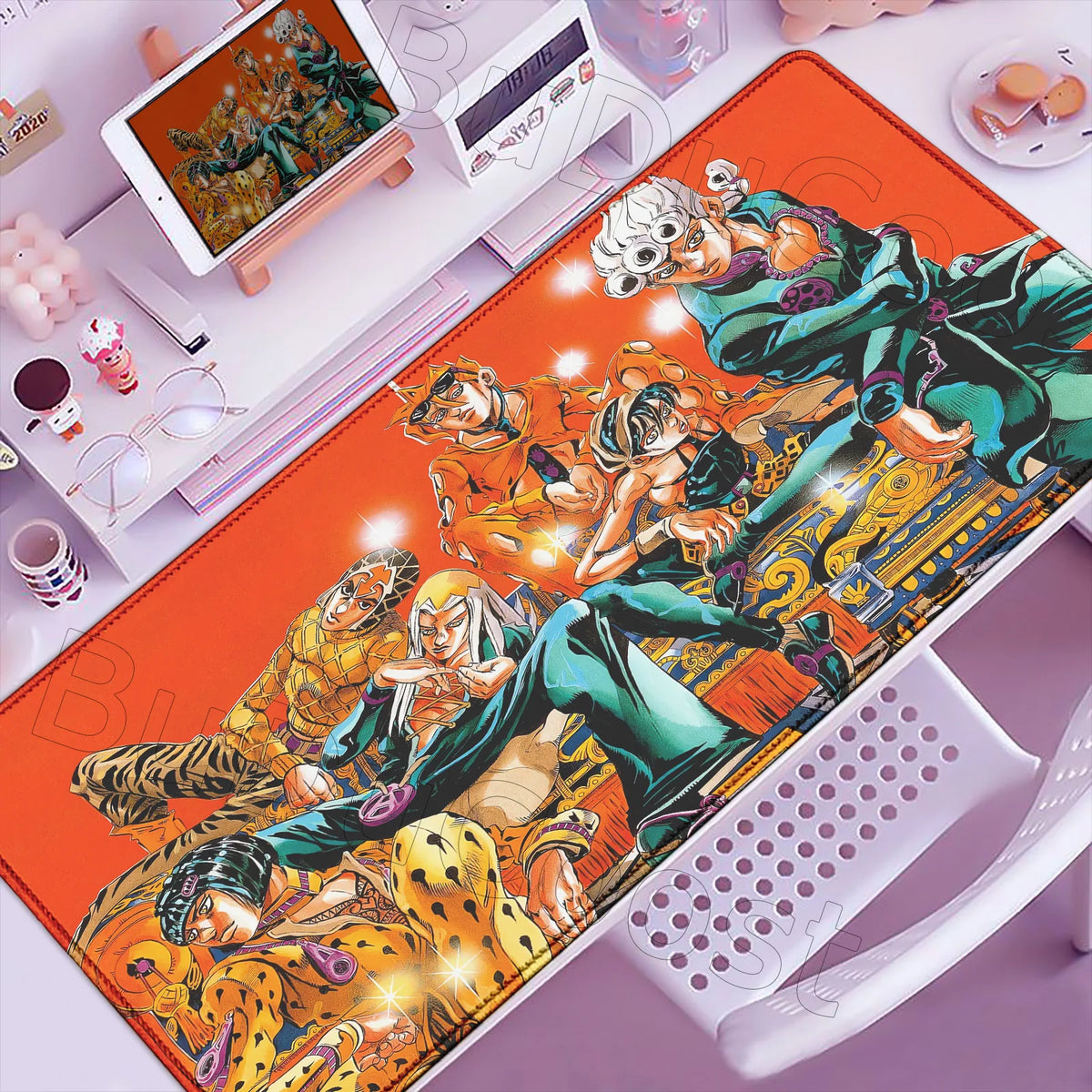 An anime-inspired gaming mouse pad featuring a dynamic illustration of characters in vibrant colors.