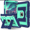 A teal silicone protective case with a stand for an iPad is shown open, displaying the device inside.