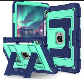 A teal silicone protective case with a stand for an iPad is shown open, displaying the device inside.