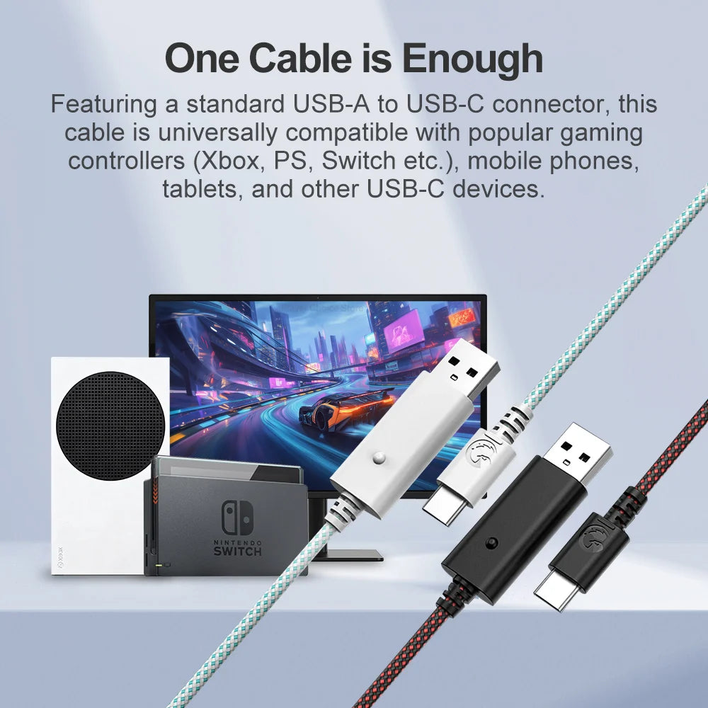 A white and black nylon braided USB-A to USB-C charging cable is shown next to a Nintendo Switch console.
