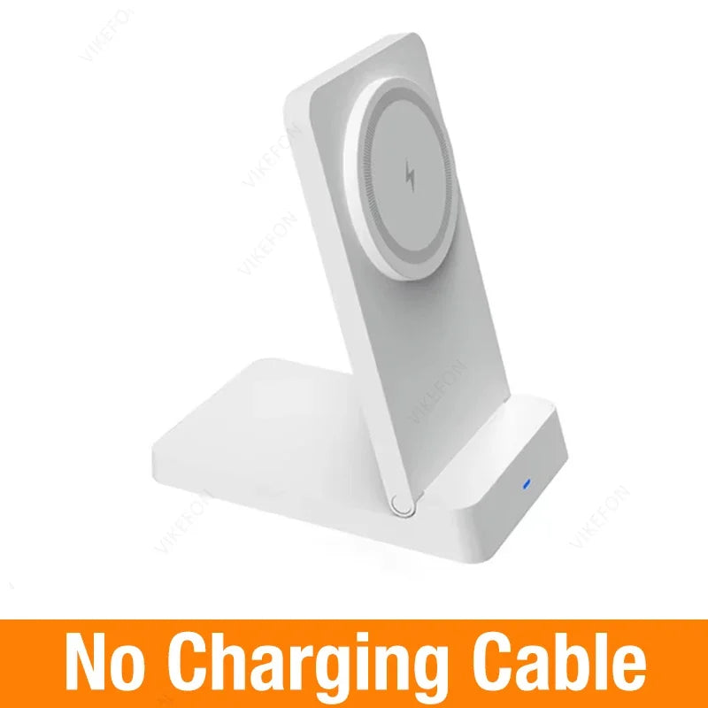 A white magnetic foldable wireless charging stand with a lightning bolt symbol on top.