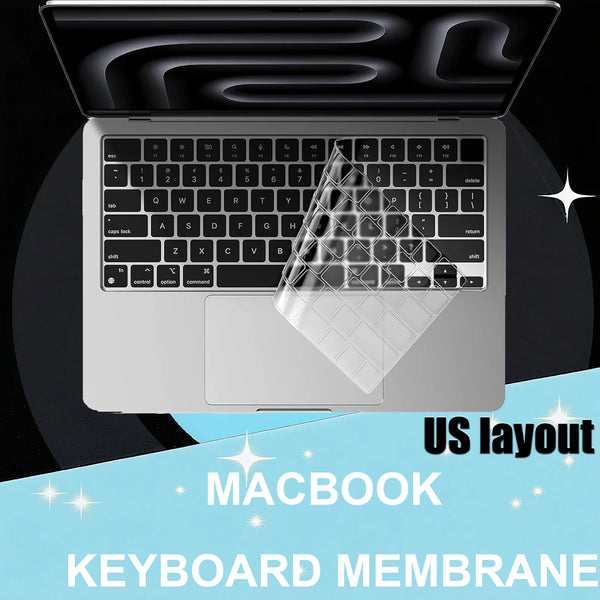 A close-up view of a silver MacBook keyboard with a clear silicone membrane keyboard cover displayed in a US layout.