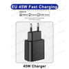 A black 45W fast charging adapter with two Type-C connectors for mobile devices.