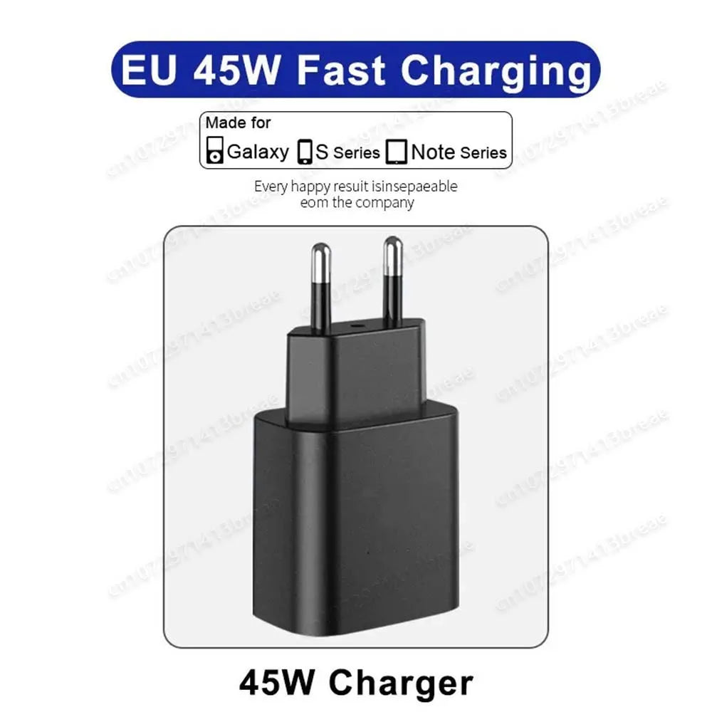 A black 45W fast charging adapter with two Type-C connectors for mobile devices.