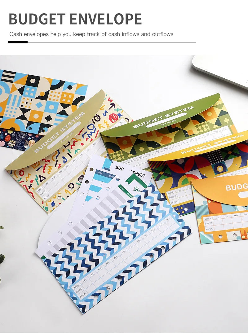 Colorful budget envelopes and planner sheets for tracking cash inflows and outflows
