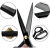 Close-up views of professional stainless steel tailor scissors showing different angles and components.
