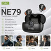 Black HTC NE79 true wireless earbuds shown with various usage scenarios like running, outdoor activity, library work, and com