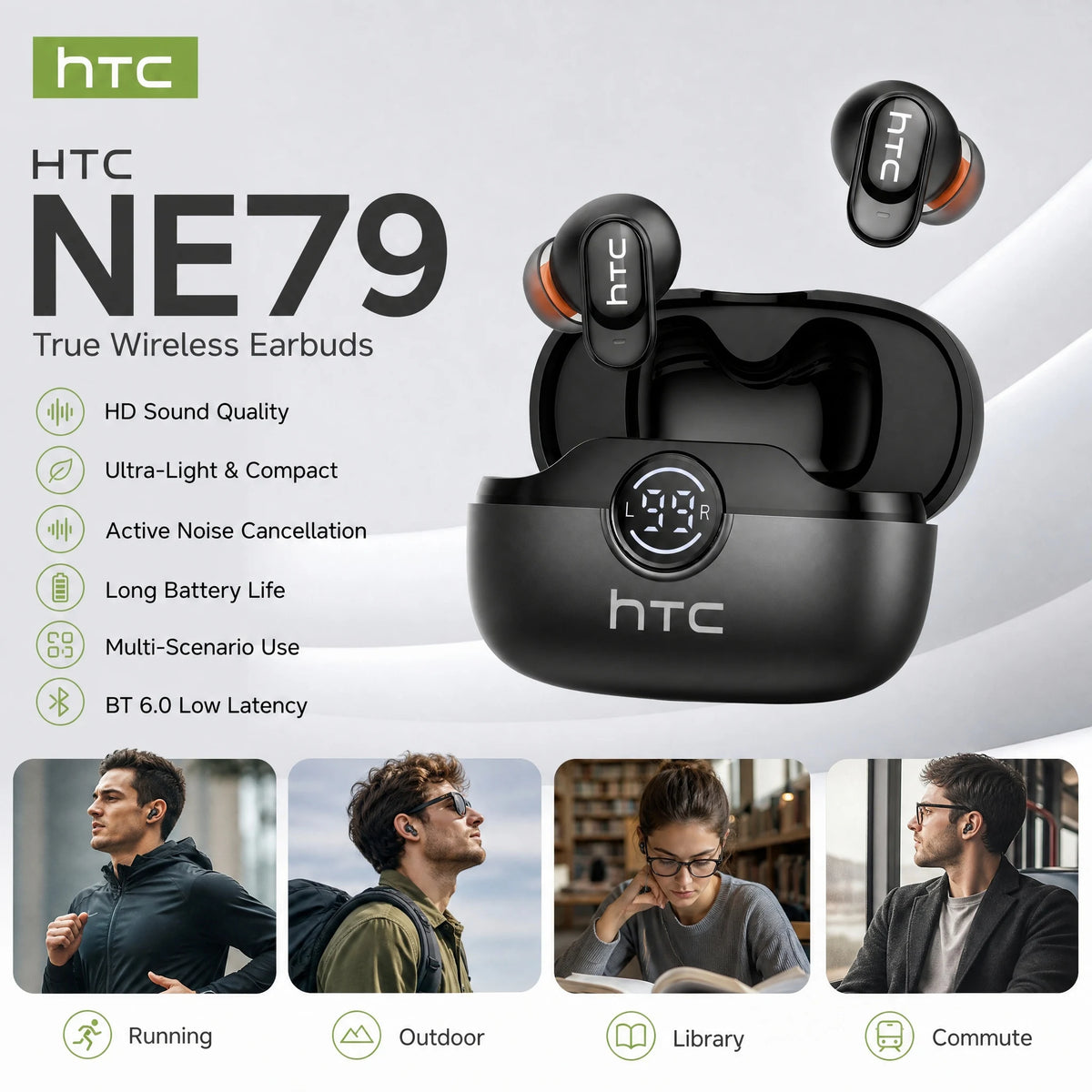 Black HTC NE79 true wireless earbuds shown with various usage scenarios like running, outdoor activity, library work, and com