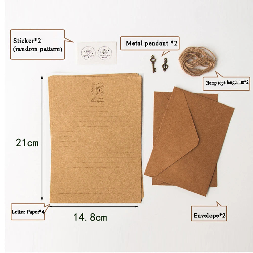 A set of vintage European style letter and invitation envelopes with metal pendants and stickers displayed on a light backgro
