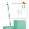 A light green universal active stylus pen shown next to various connector tips and a teal stand.