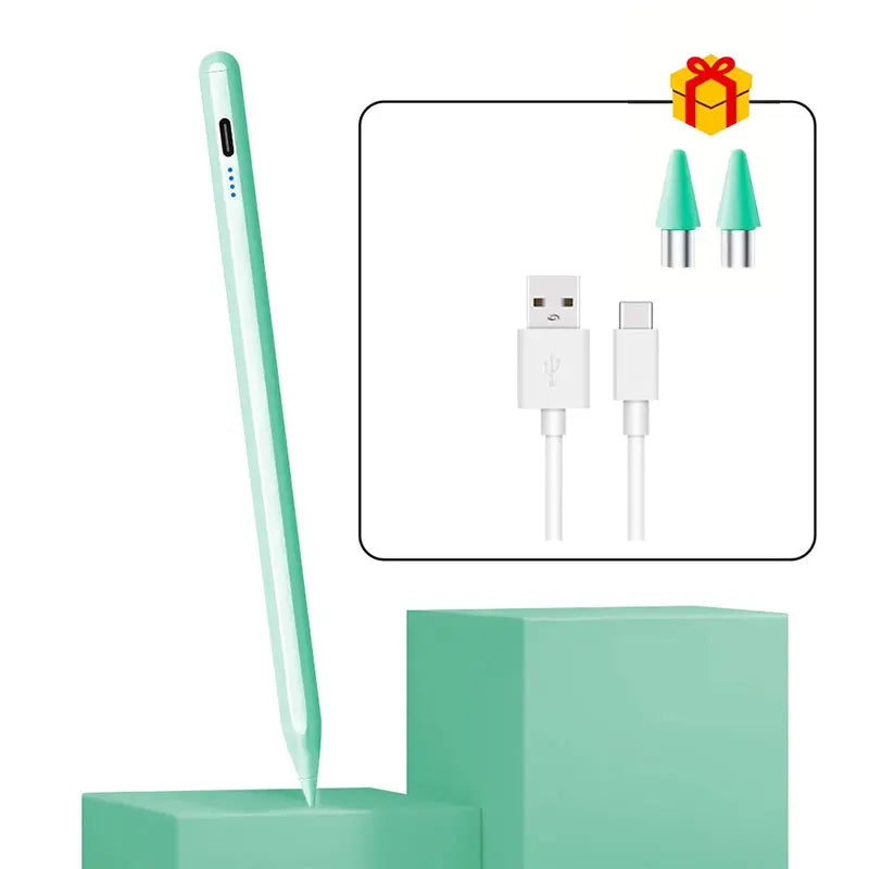 A light green universal active stylus pen shown next to various connector tips and a teal stand.
