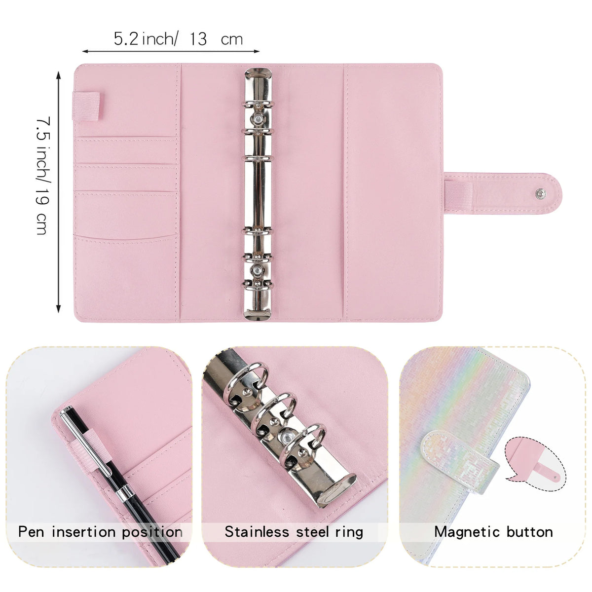Organisateur de budget et d'argent rose A6 avec insertion de stylo, anneau en acier inoxydable et bouton magnétique.