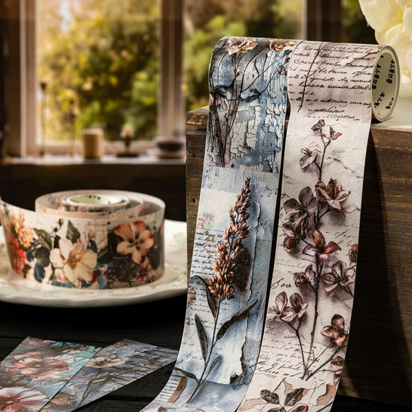 Rolle dekorativer Aquarell-Washi-Tape mit botanischen Illustrationen und Vintage-Typografie
