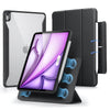 A black magnetic folio case for an iPad Air is shown alongside the tablet and a protective cover.