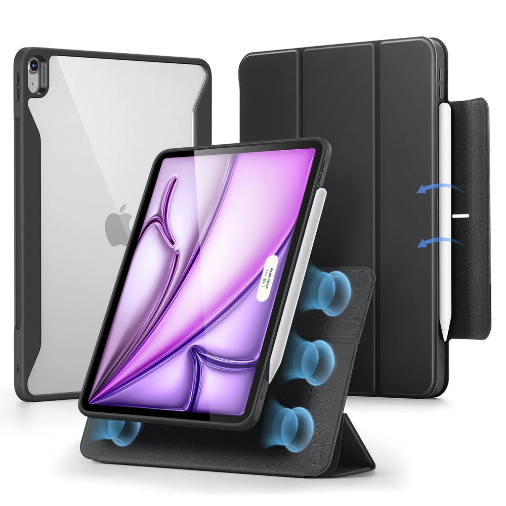 A black magnetic folio case for an iPad Air is shown alongside the tablet and a protective cover.