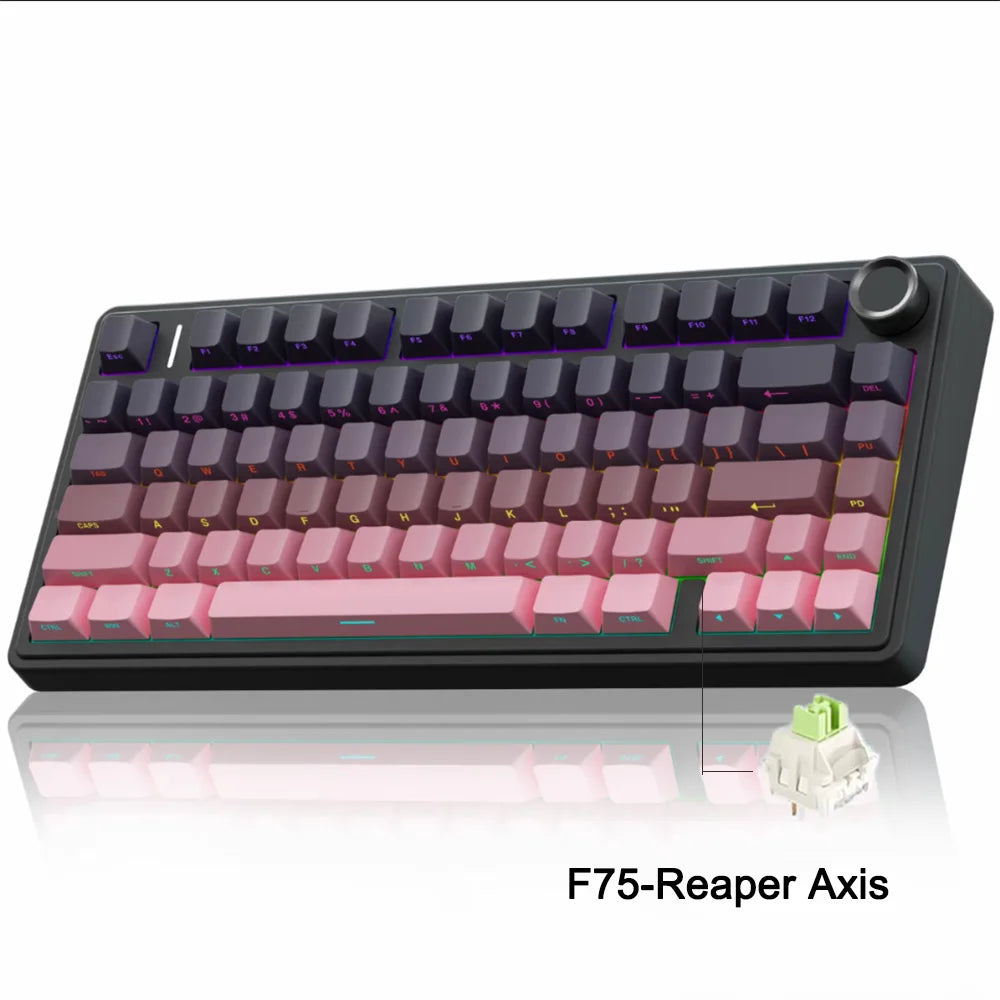 A close-up view of the F75 Reaper Axis wireless mechanical gaming keyboard with purple and pink keycaps.