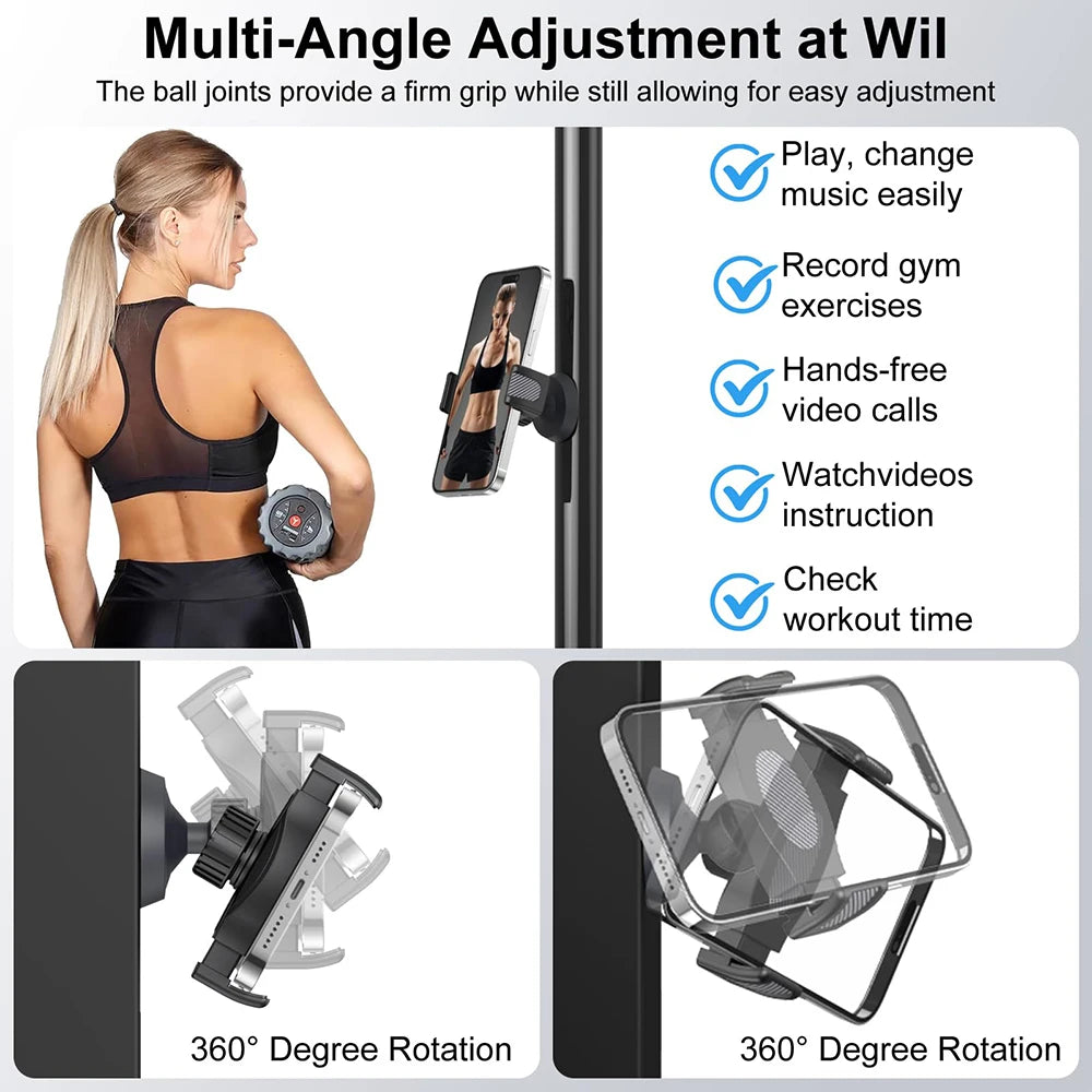 Multi-angle adjustment magnetic phone holder for gym and fitness with 360 degree rotation features