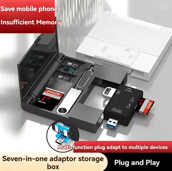 A black multi-function plug adapter box with various slots for multiple devices and cards.